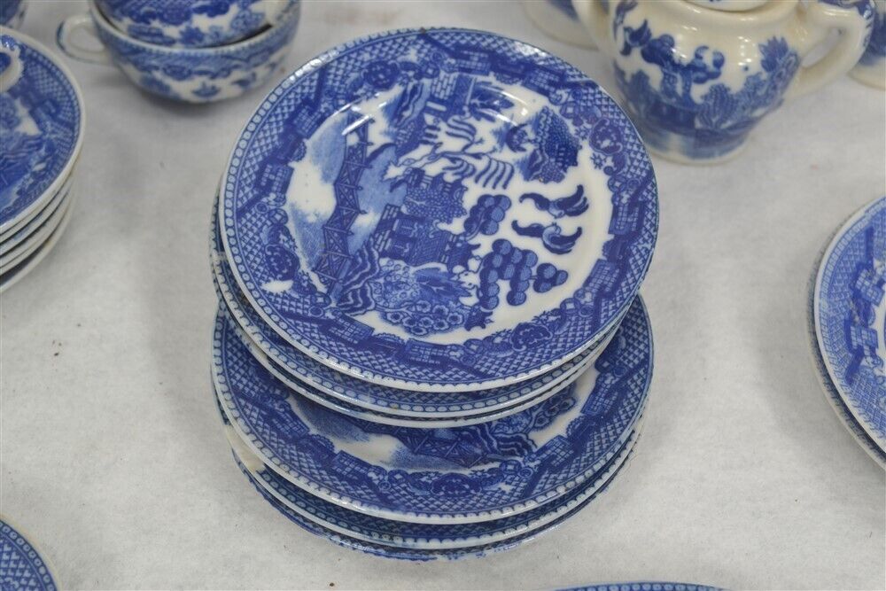 Antique Blue Willow Child Dish Set, 29 Pieces