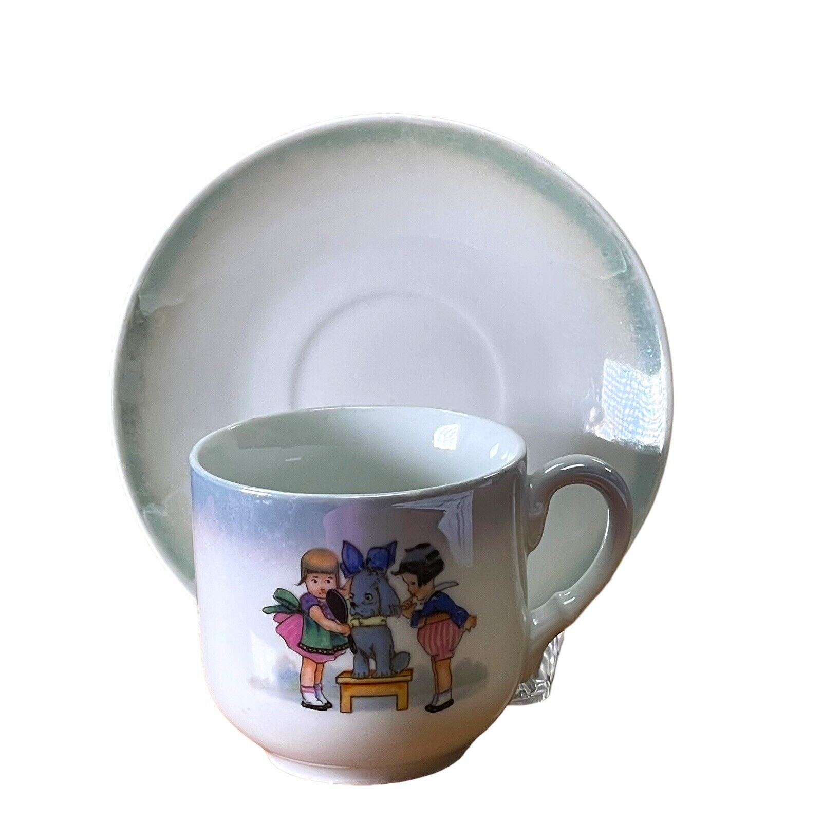 Antique Child's Cup Saucer with Dog Design