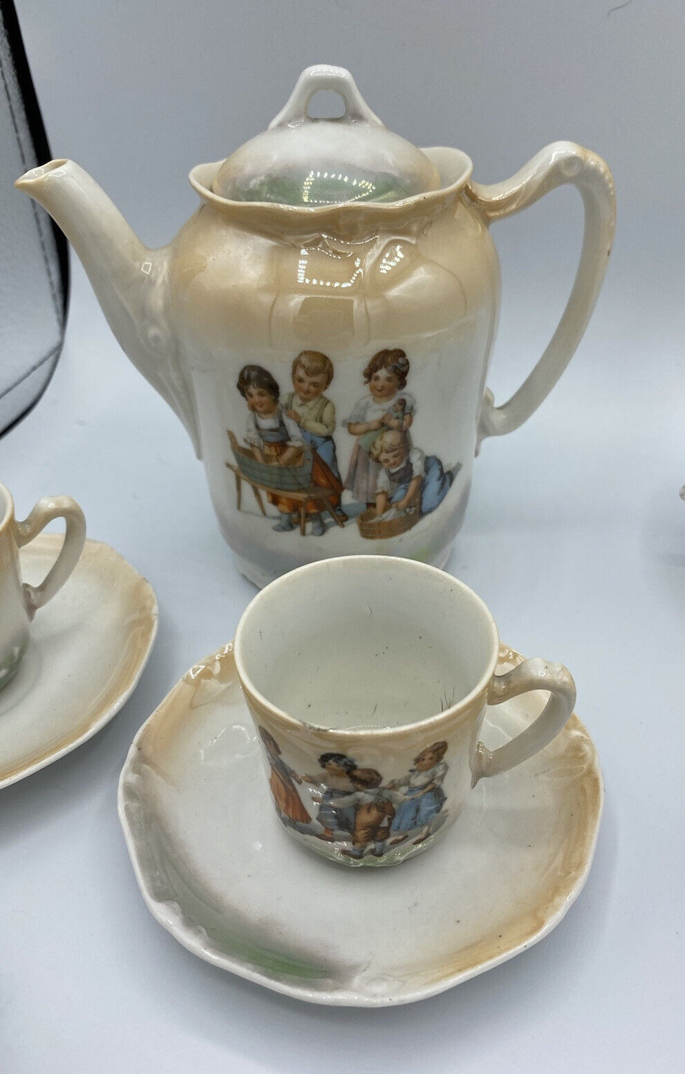 14-Piece Antique German Child's Two-Tone Tea Set
