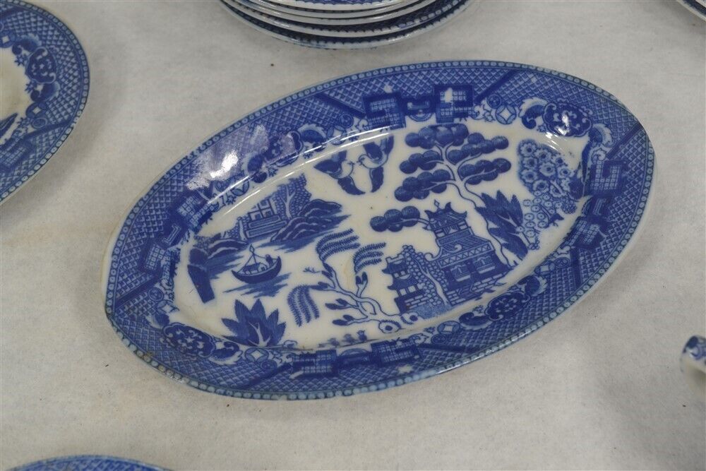 Antique Blue Willow Child Dish Set, 29 Pieces