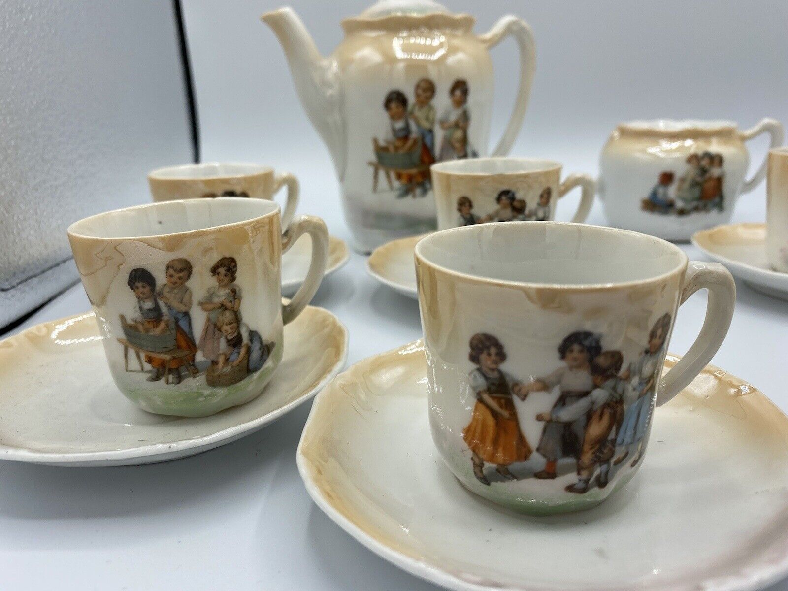 14-Piece Antique German Child's Two-Tone Tea Set