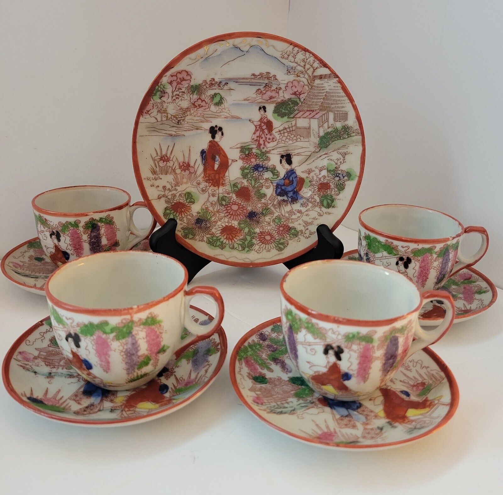 Handpainted Vintage Geisha Tea Cup Set, 9 Pieces