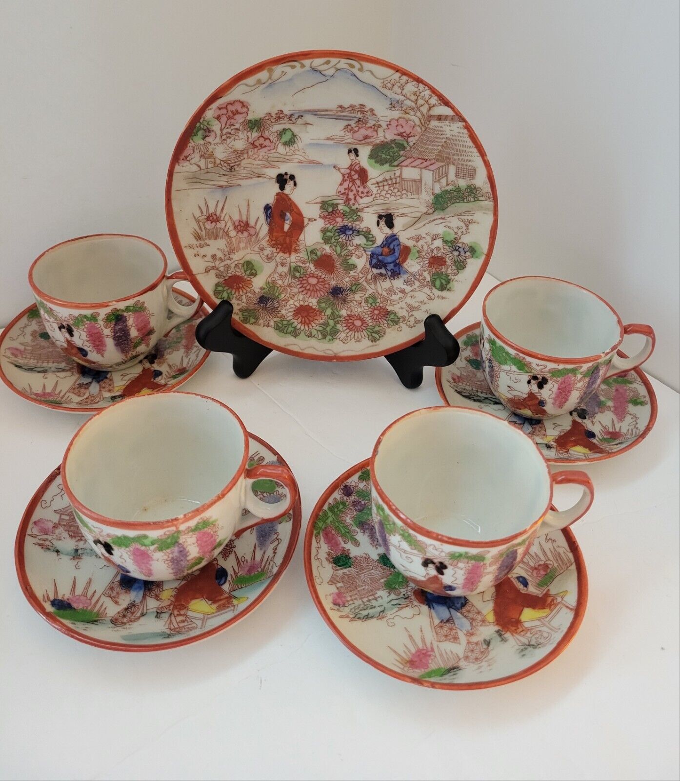 Handpainted Vintage Geisha Tea Cup Set, 9 Pieces