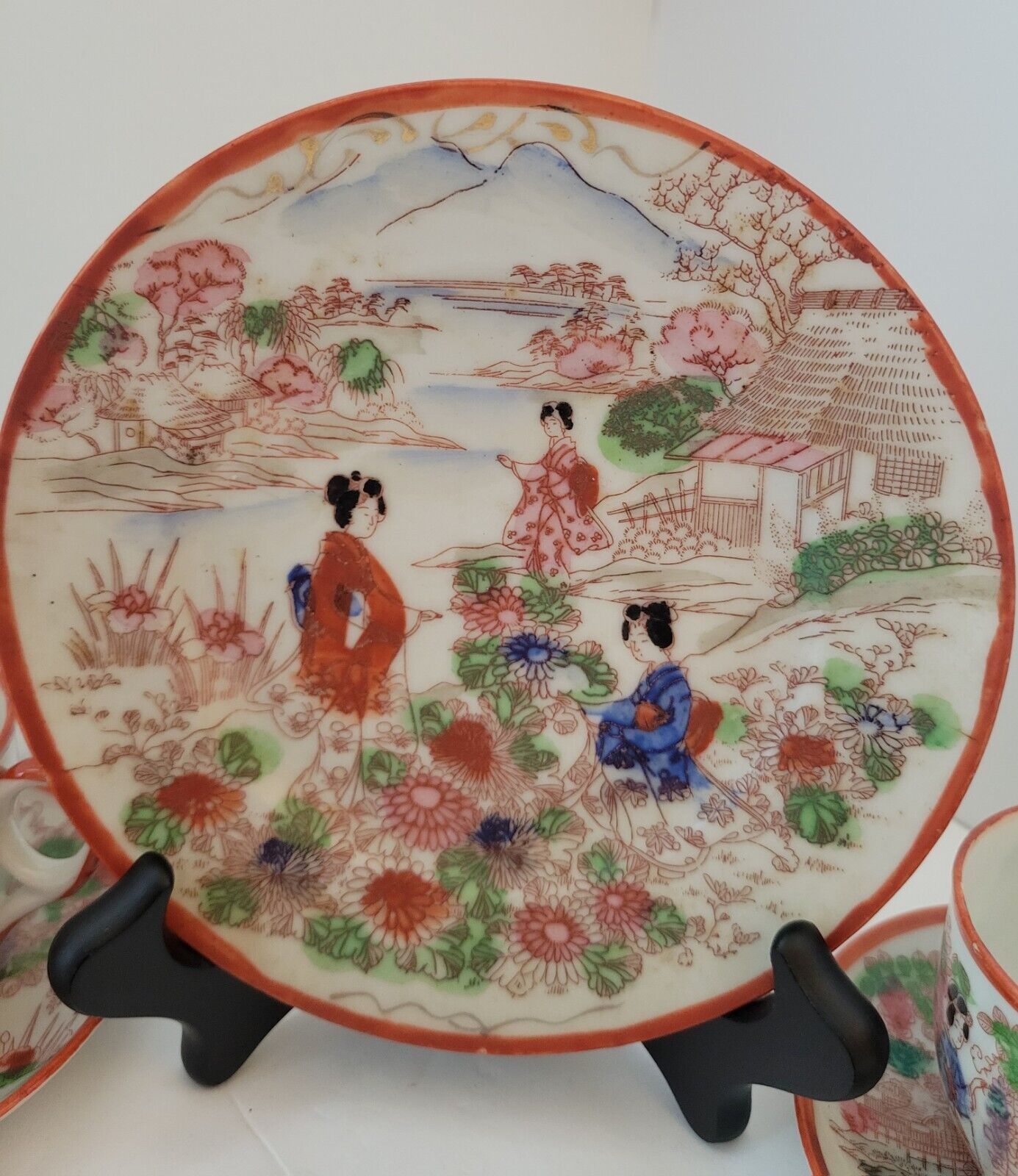Handpainted Vintage Geisha Tea Cup Set, 9 Pieces