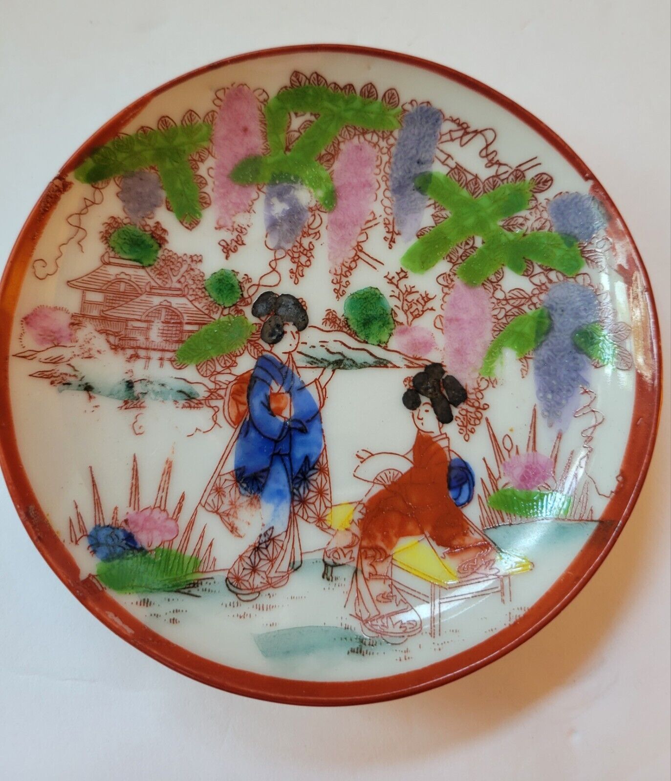 Handpainted Vintage Geisha Tea Cup Set, 9 Pieces