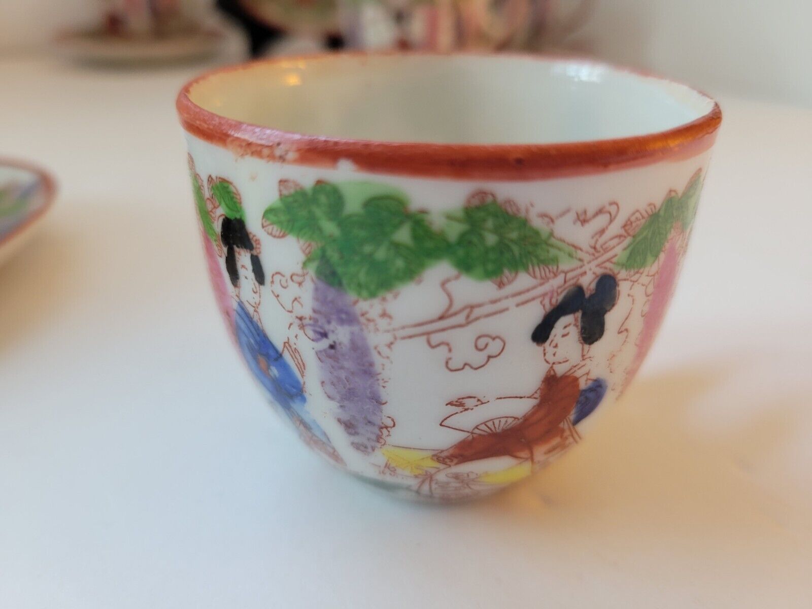 Handpainted Vintage Geisha Tea Cup Set, 9 Pieces