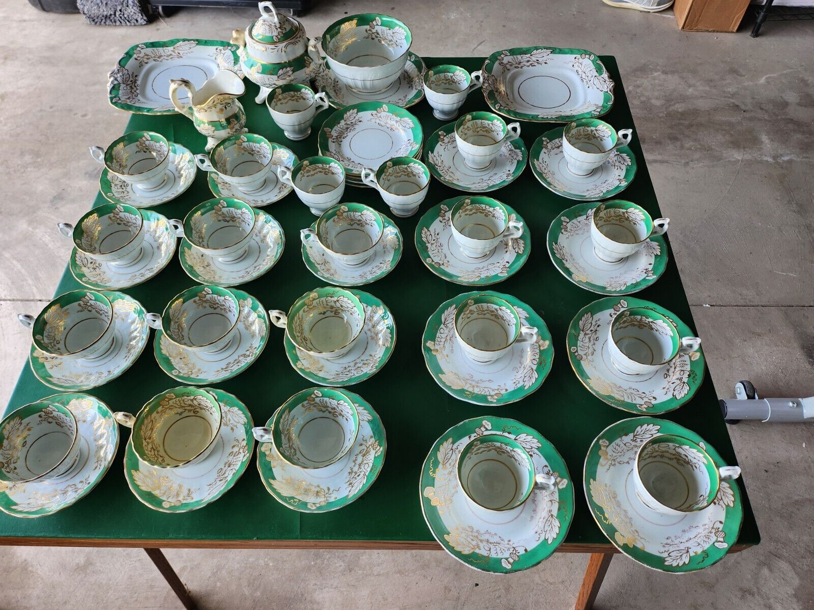 50-Piece Green, White & Gold Antique Dish Set