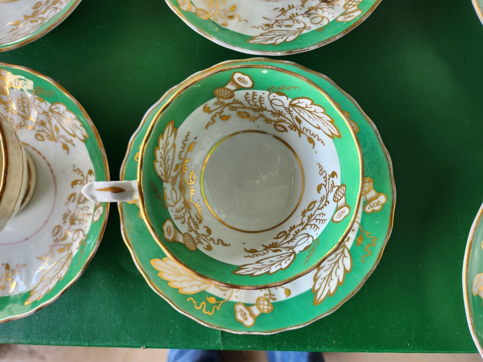 50-Piece Green, White & Gold Antique Dish Set