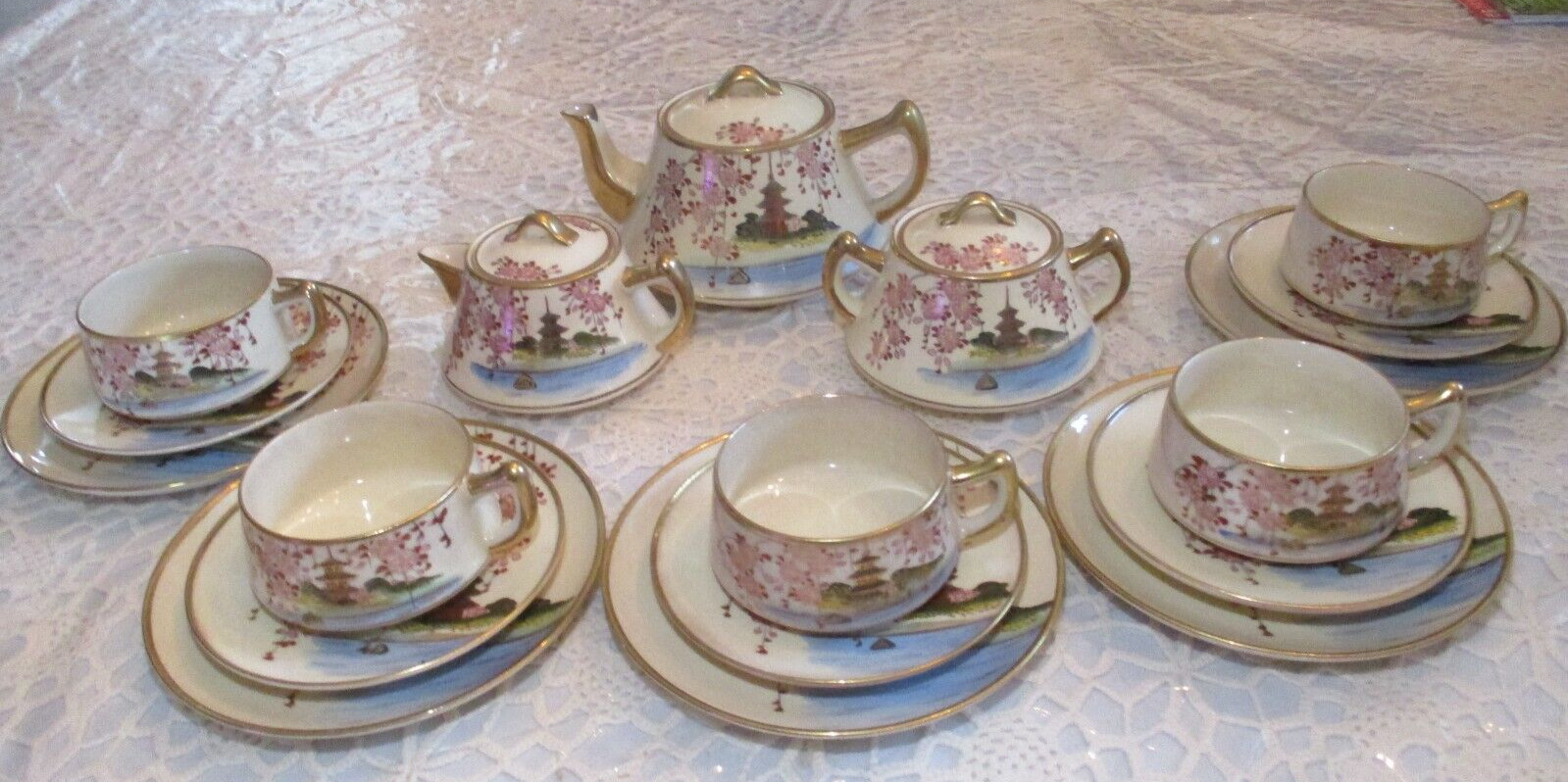 Gilded Satsuma Tea Set with Cherry Blossoms
