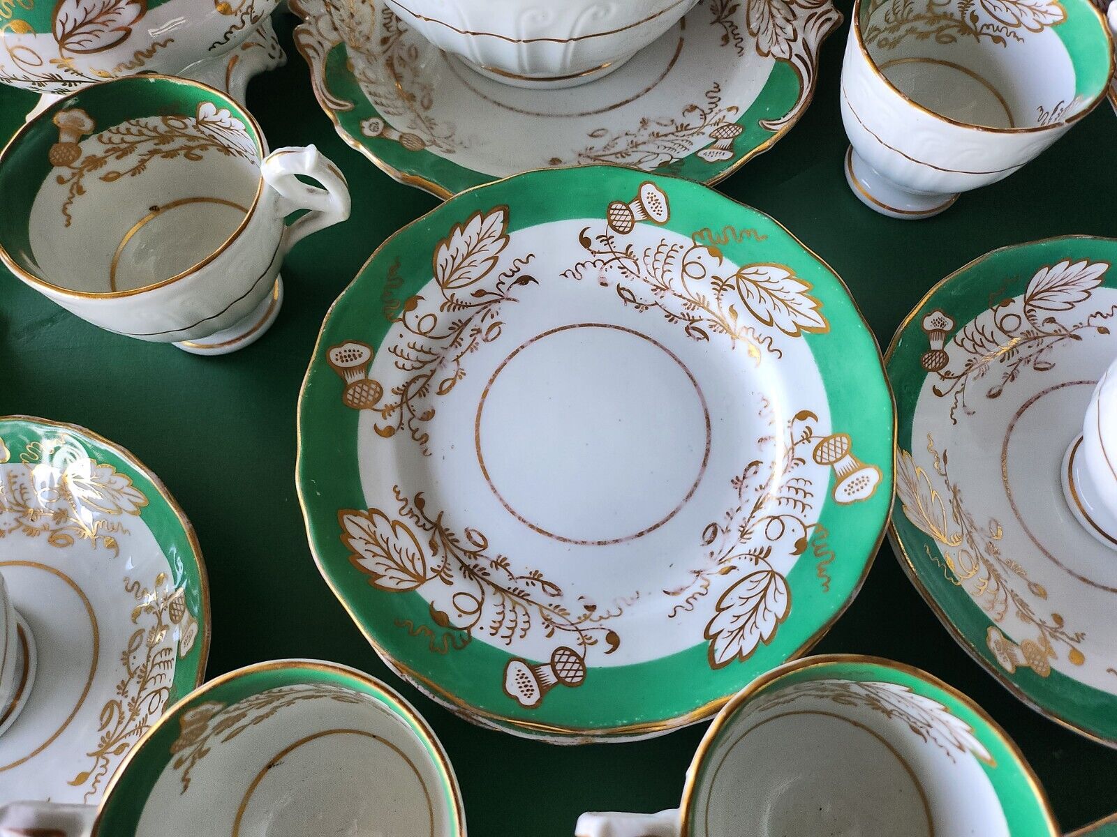 50-Piece Green, White & Gold Antique Dish Set