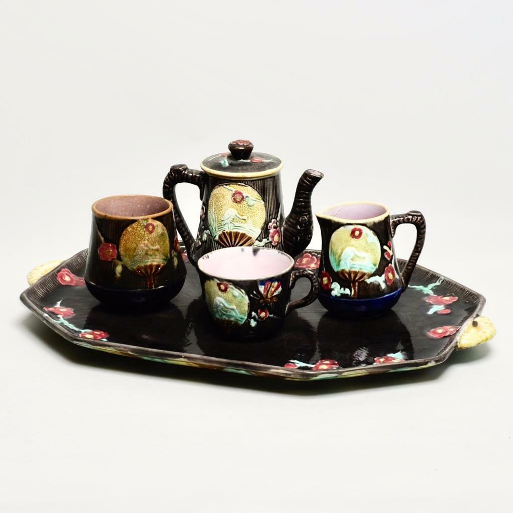 Antique Majolica Bird Fan Tea Set, 1800s