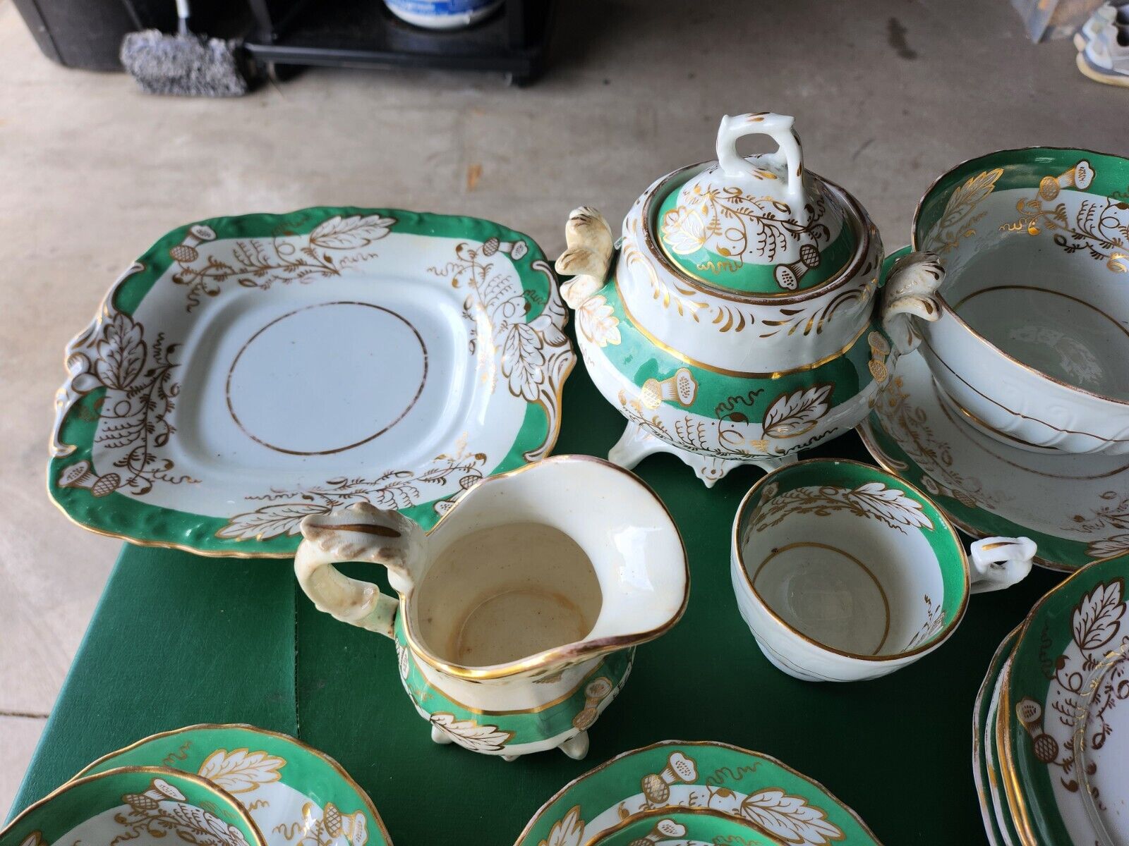 50-Piece Green, White & Gold Antique Dish Set