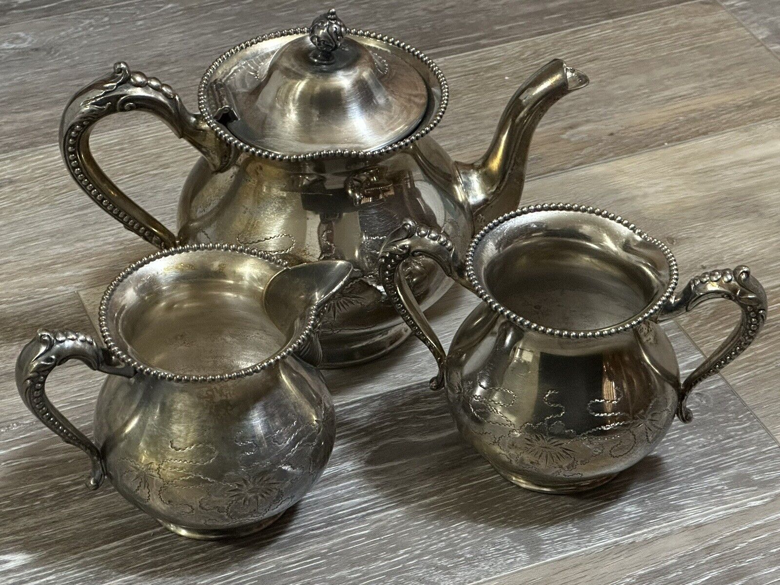 Antique 1800s Taunton Silver Floral Tea Set