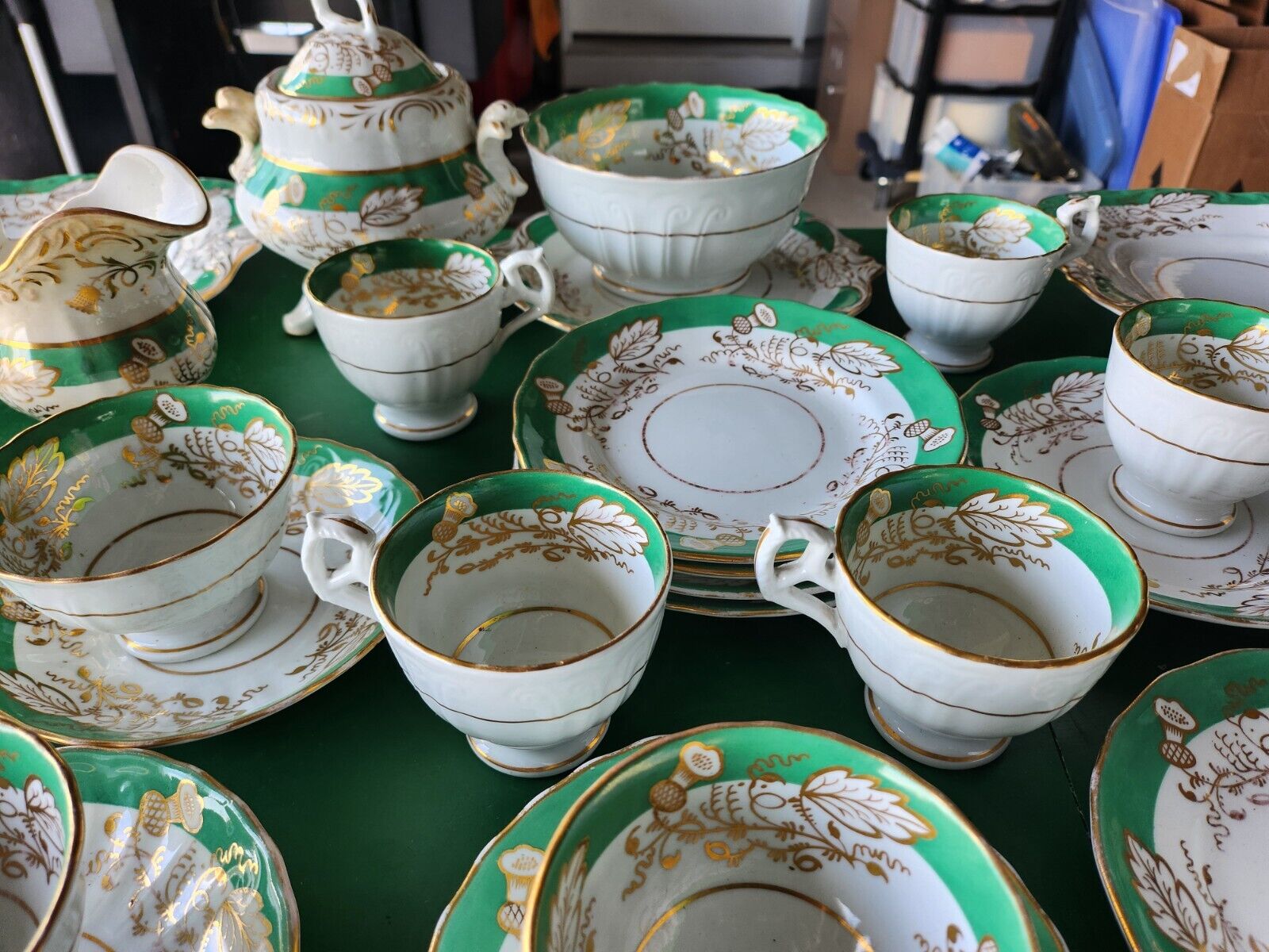 50-Piece Green, White & Gold Antique Dish Set