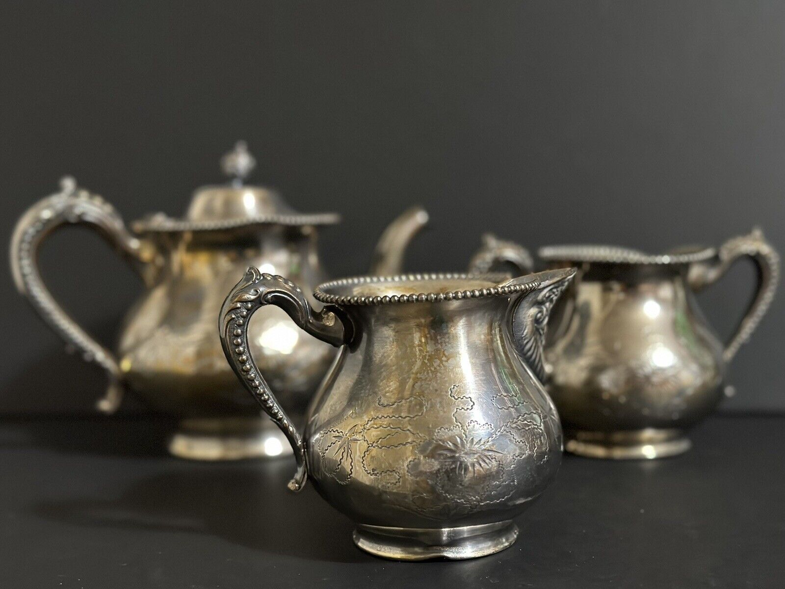 Antique 1800s Taunton Silver Floral Tea Set