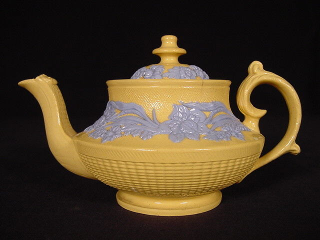 Early 1800s Blue Floral Yellow Ware Teapot