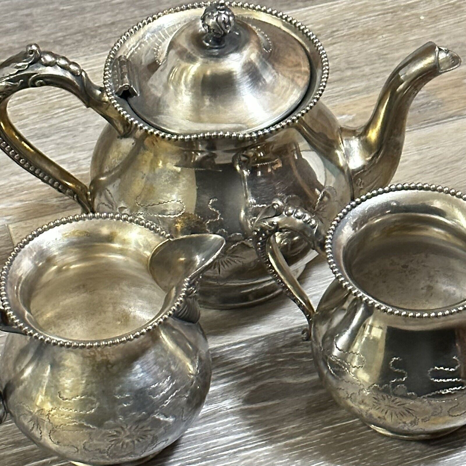 Antique 1800s Taunton Silver Floral Tea Set