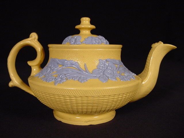 Early 1800s Blue Floral Yellow Ware Teapot