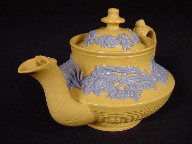 Early 1800s Blue Floral Yellow Ware Teapot