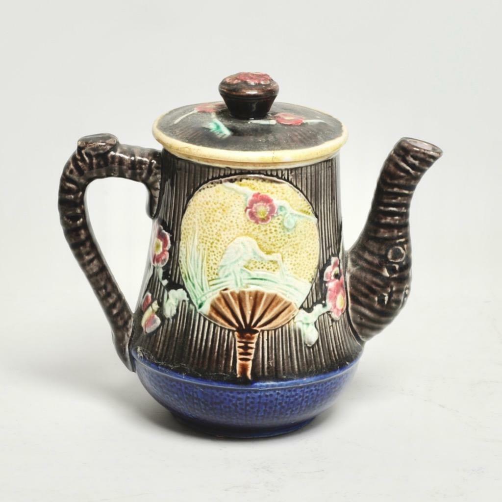 Antique Majolica Bird Fan Tea Set, 1800s