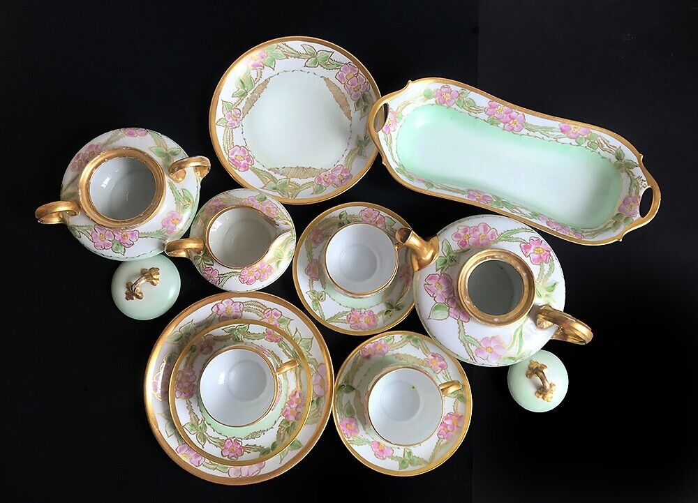 Limoges Floral Gold Trimmed Tea Set, 14 Pieces