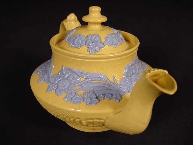 Early 1800s Blue Floral Yellow Ware Teapot