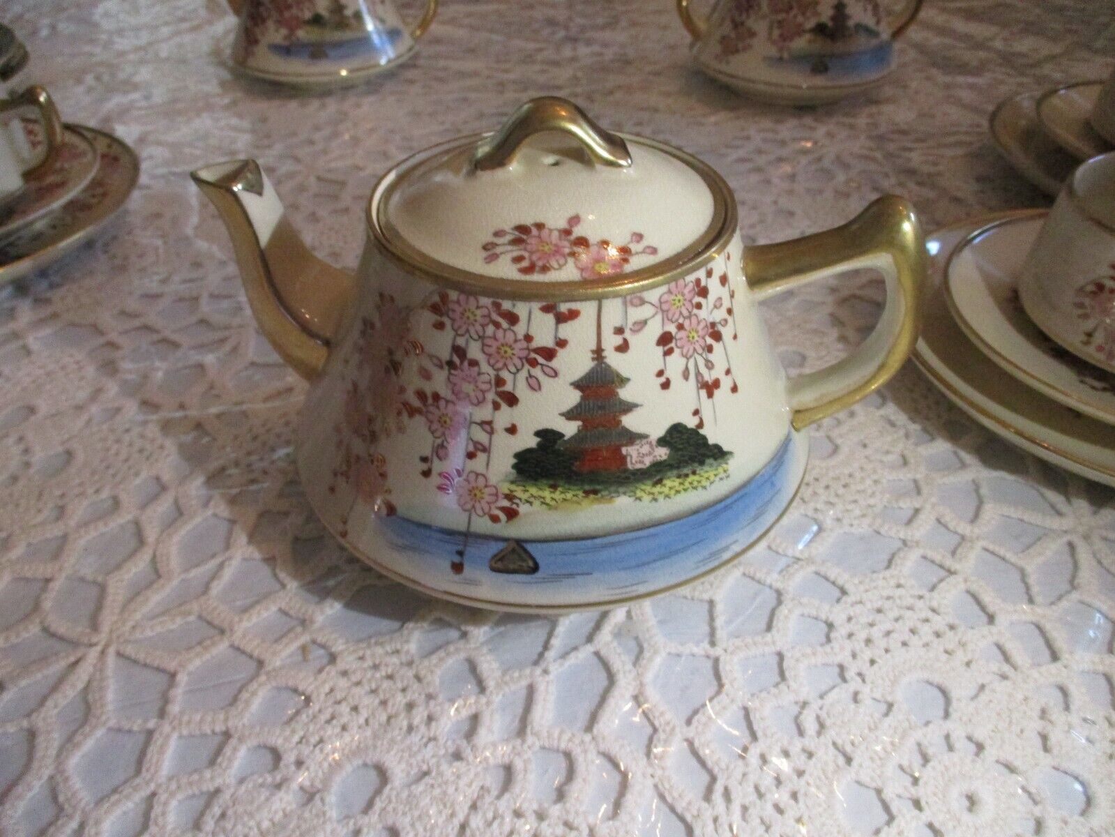 Gilded Satsuma Tea Set with Cherry Blossoms