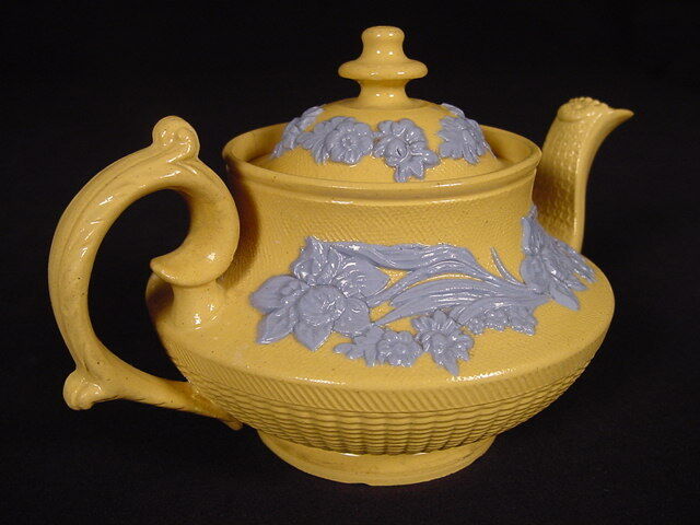 Early 1800s Blue Floral Yellow Ware Teapot