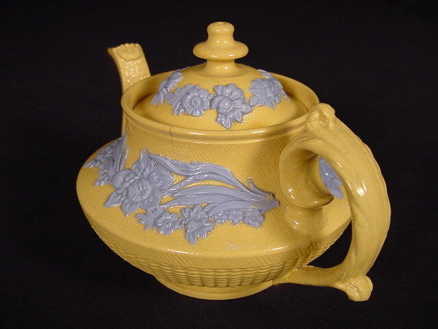 Early 1800s Blue Floral Yellow Ware Teapot
