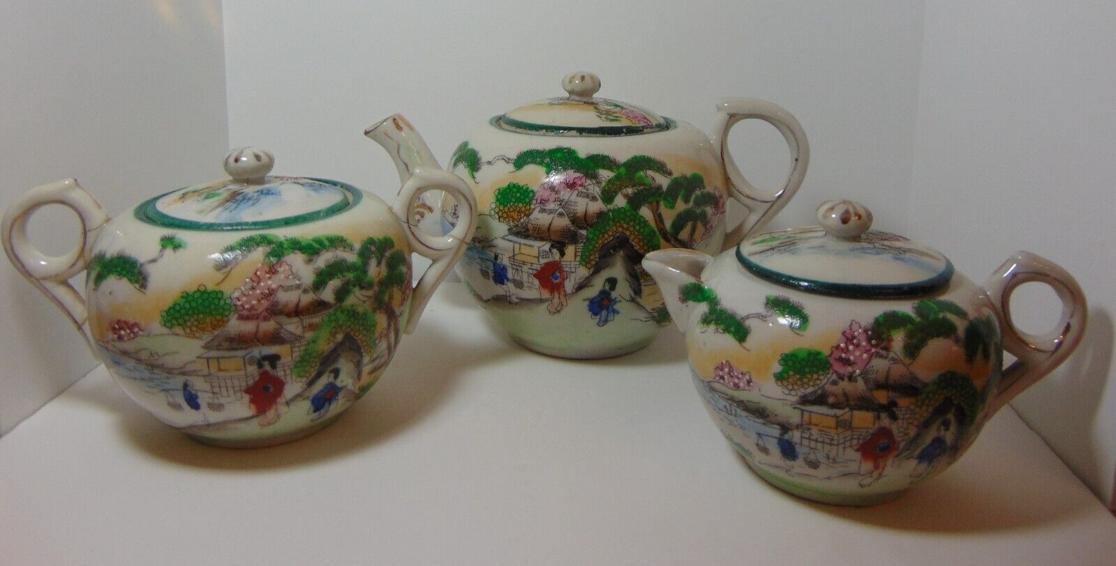 Antique Nippon Porcelain Teapot, Creamer, Sugar Set