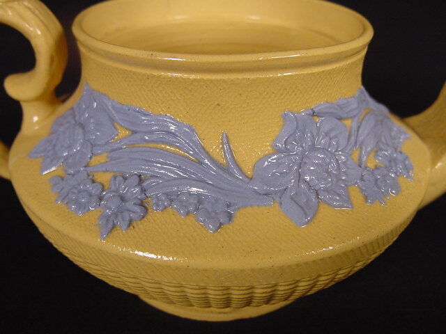 Early 1800s Blue Floral Yellow Ware Teapot