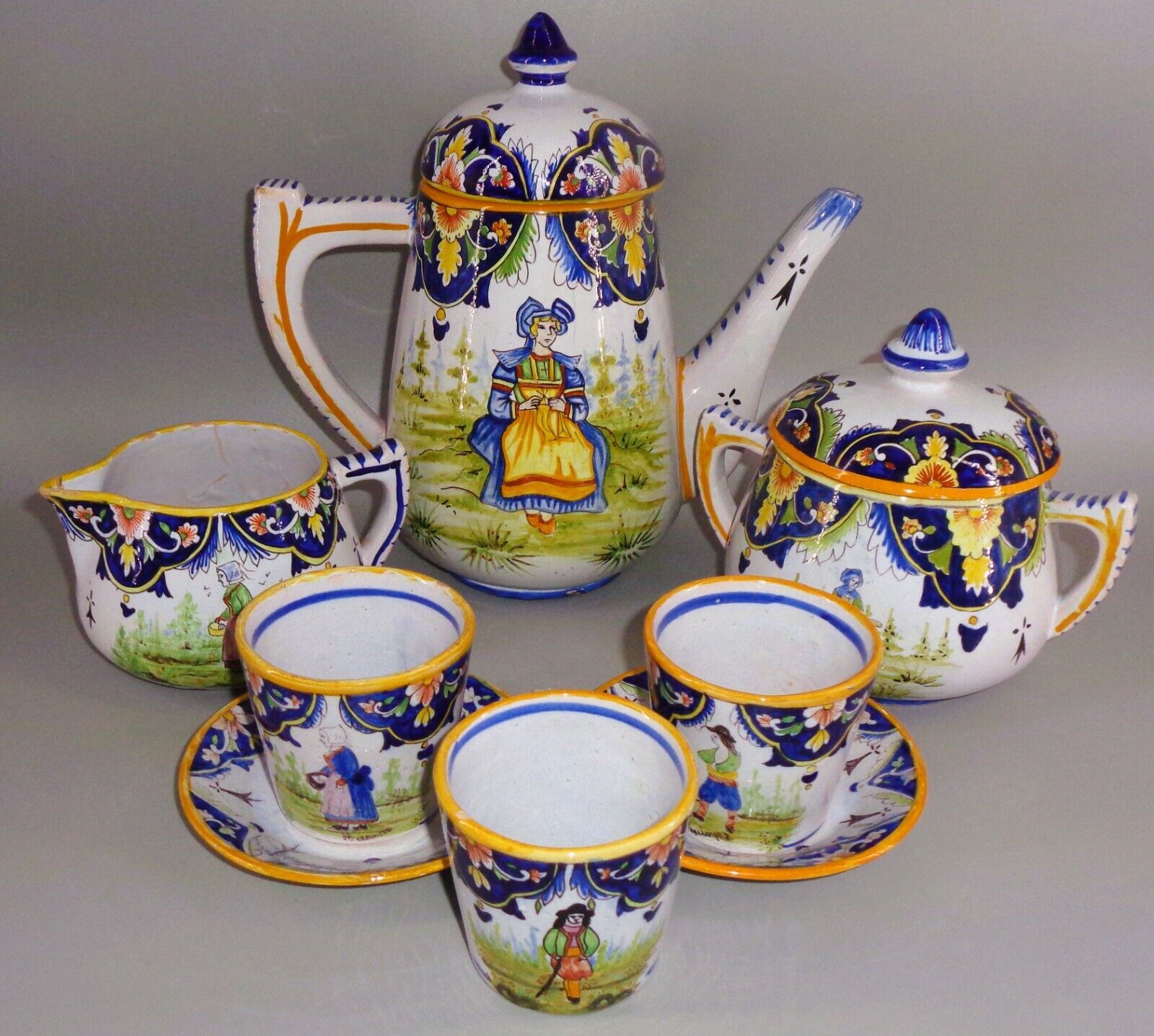 Antique Quimper Henriot Tea Set, Breton Style