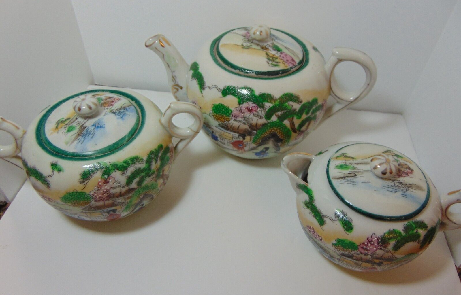 Antique Nippon Porcelain Teapot, Creamer, Sugar Set