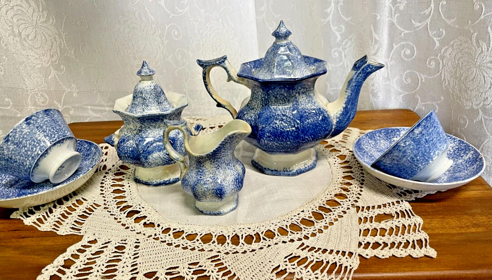 Beautiful 1800s Blue Spatter Child's Tea Set