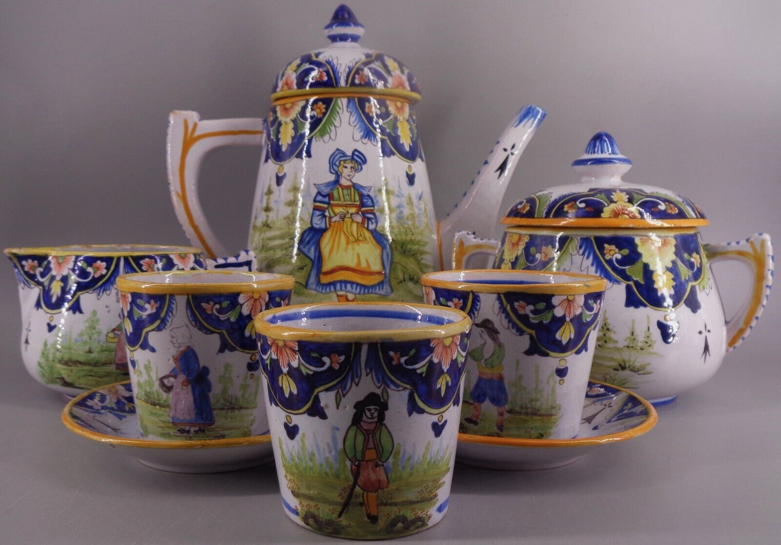 Antique Quimper Henriot Tea Set, Breton Style