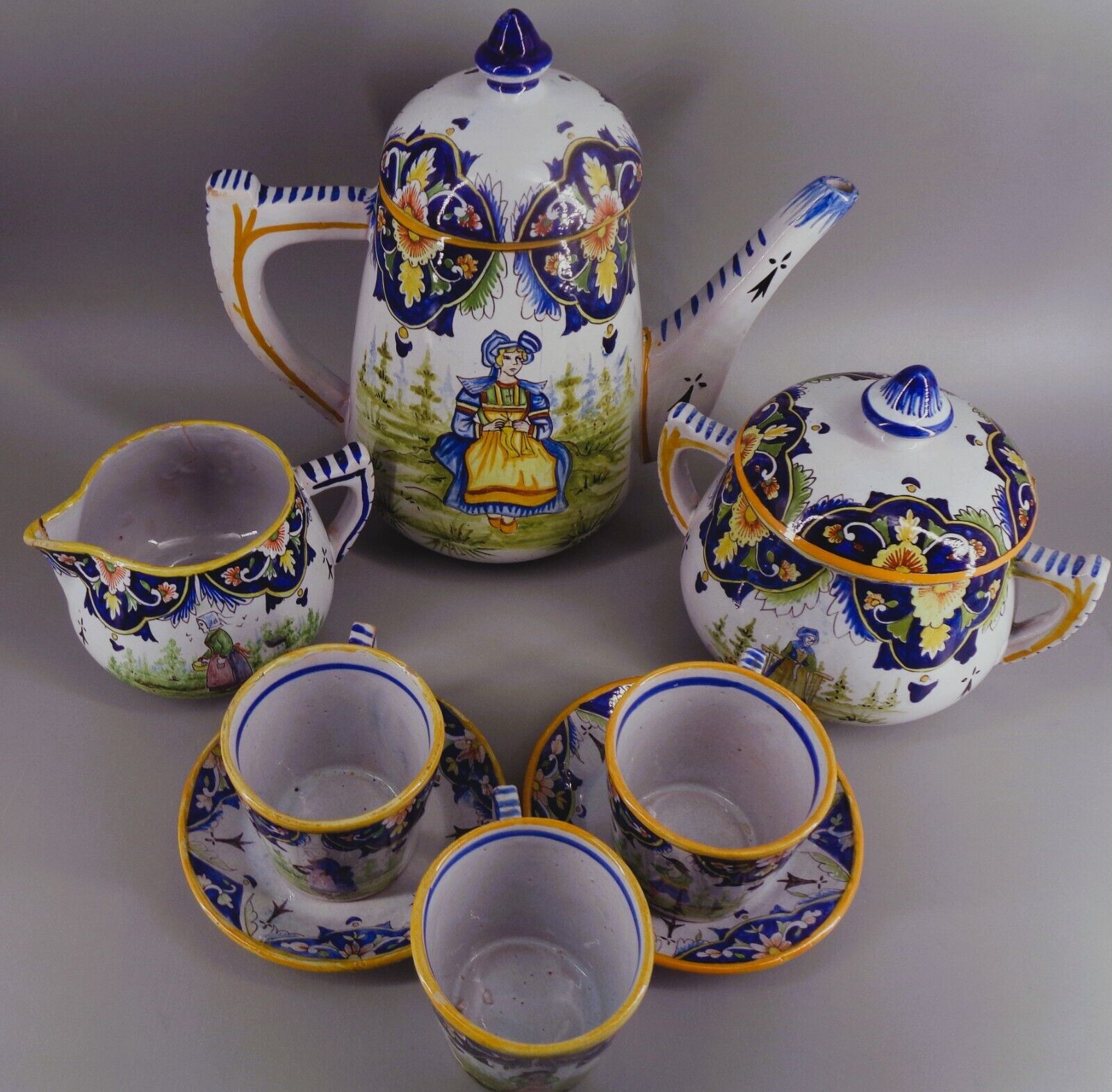 Antique Quimper Henriot Tea Set, Breton Style