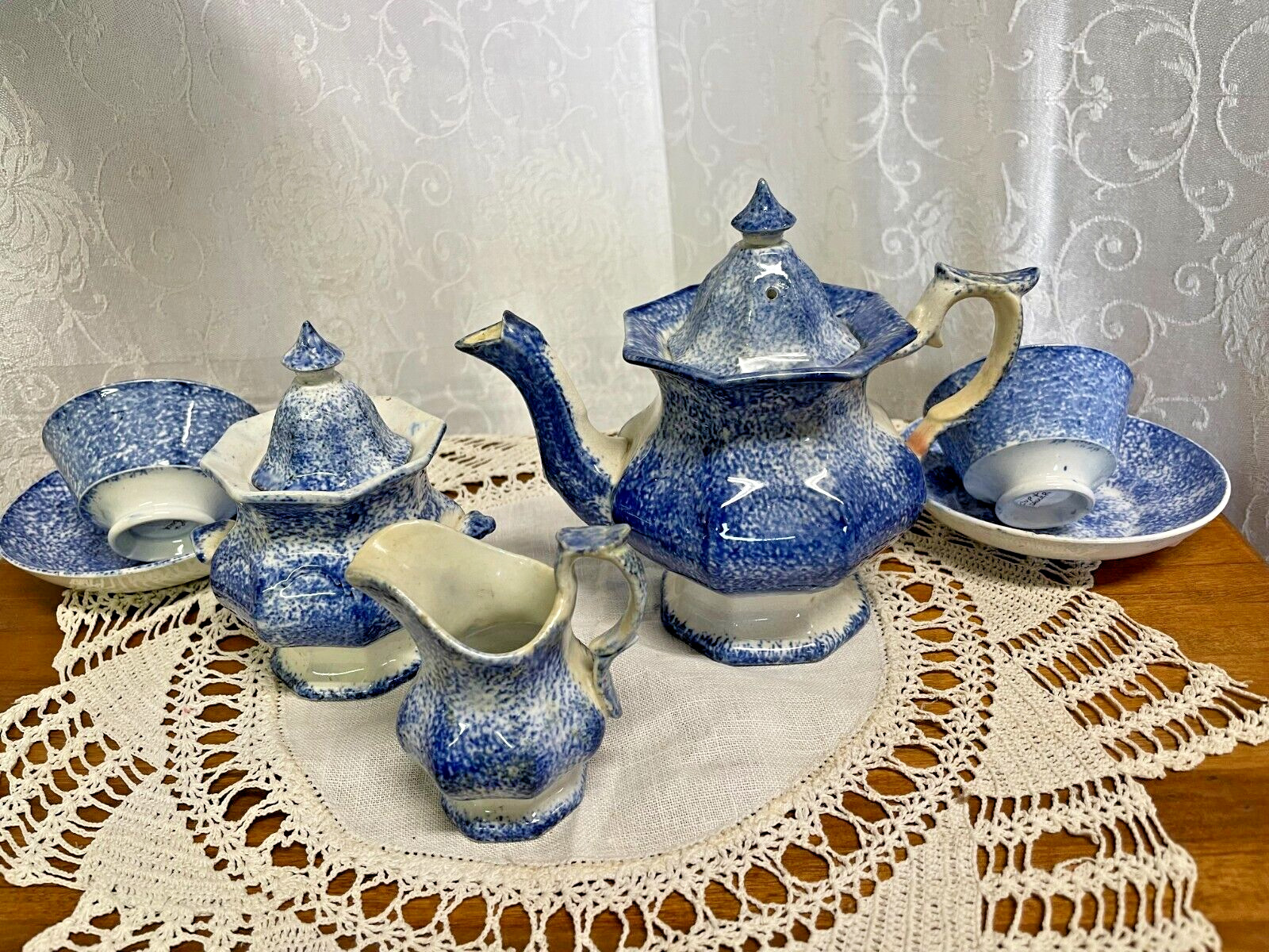 Beautiful 1800s Blue Spatter Child's Tea Set