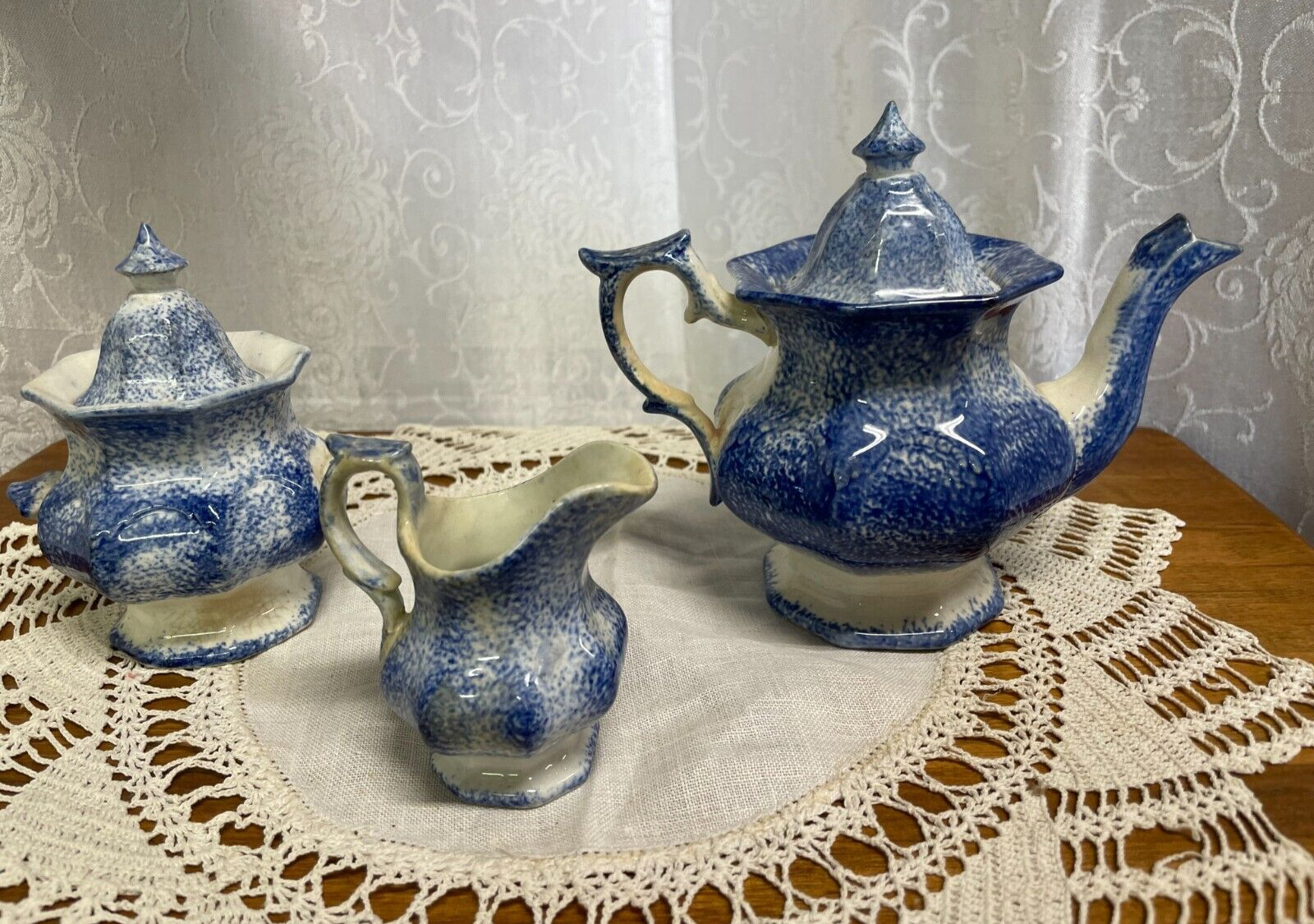 Beautiful 1800s Blue Spatter Child's Tea Set