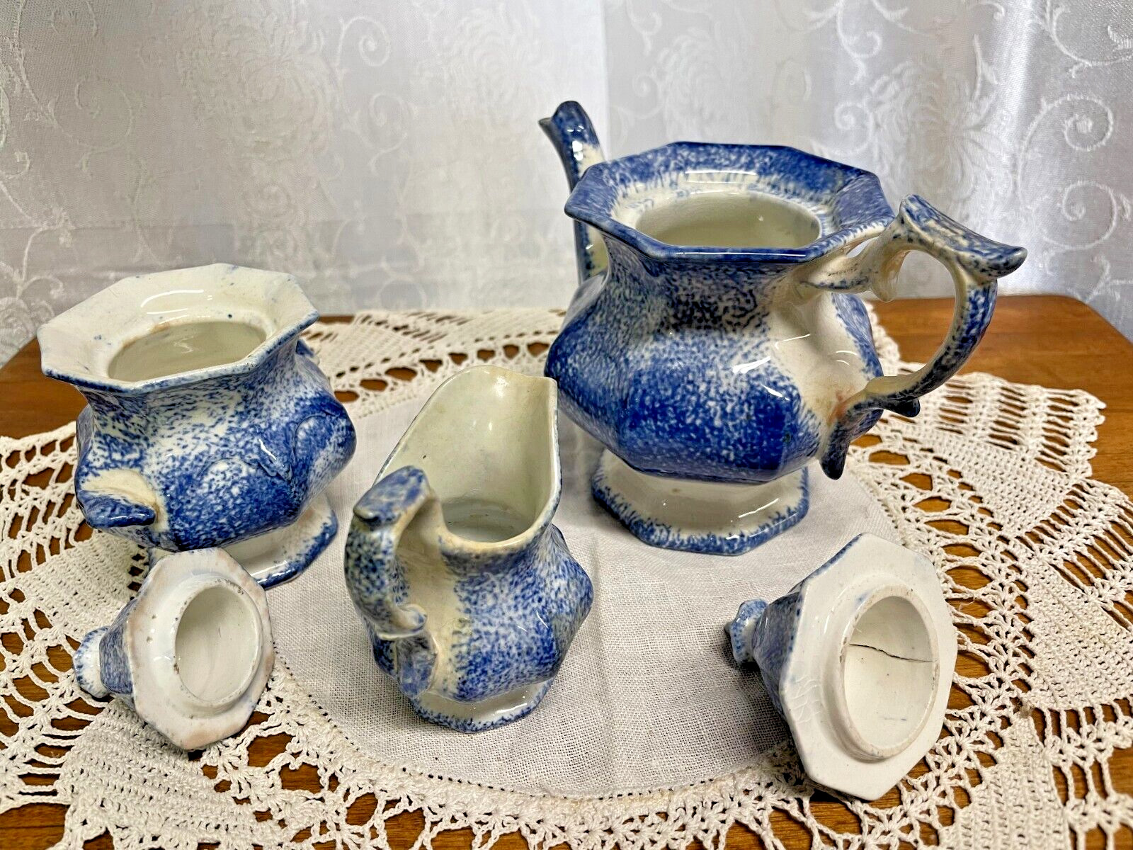 Beautiful 1800s Blue Spatter Child's Tea Set
