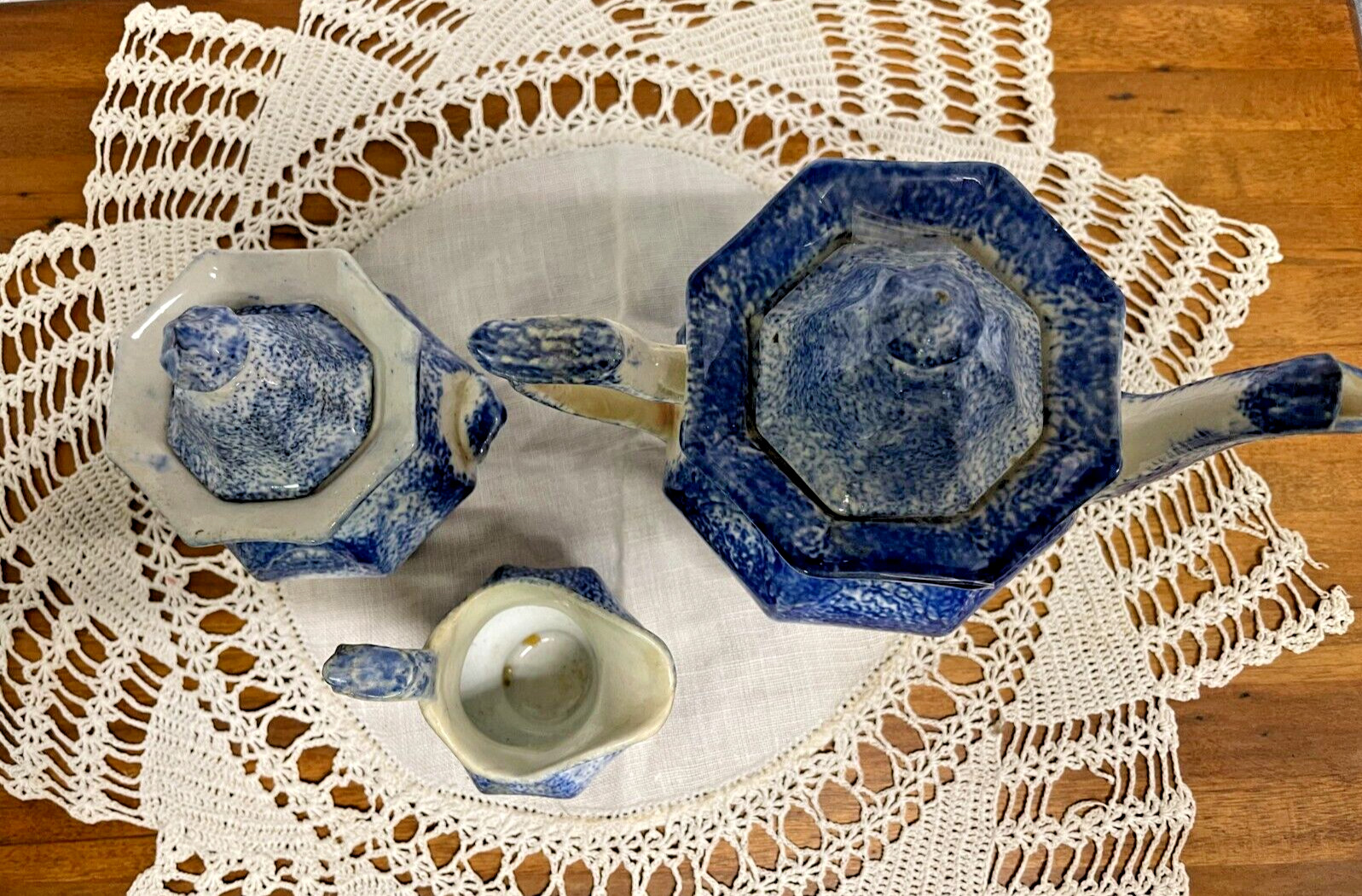 Beautiful 1800s Blue Spatter Child's Tea Set