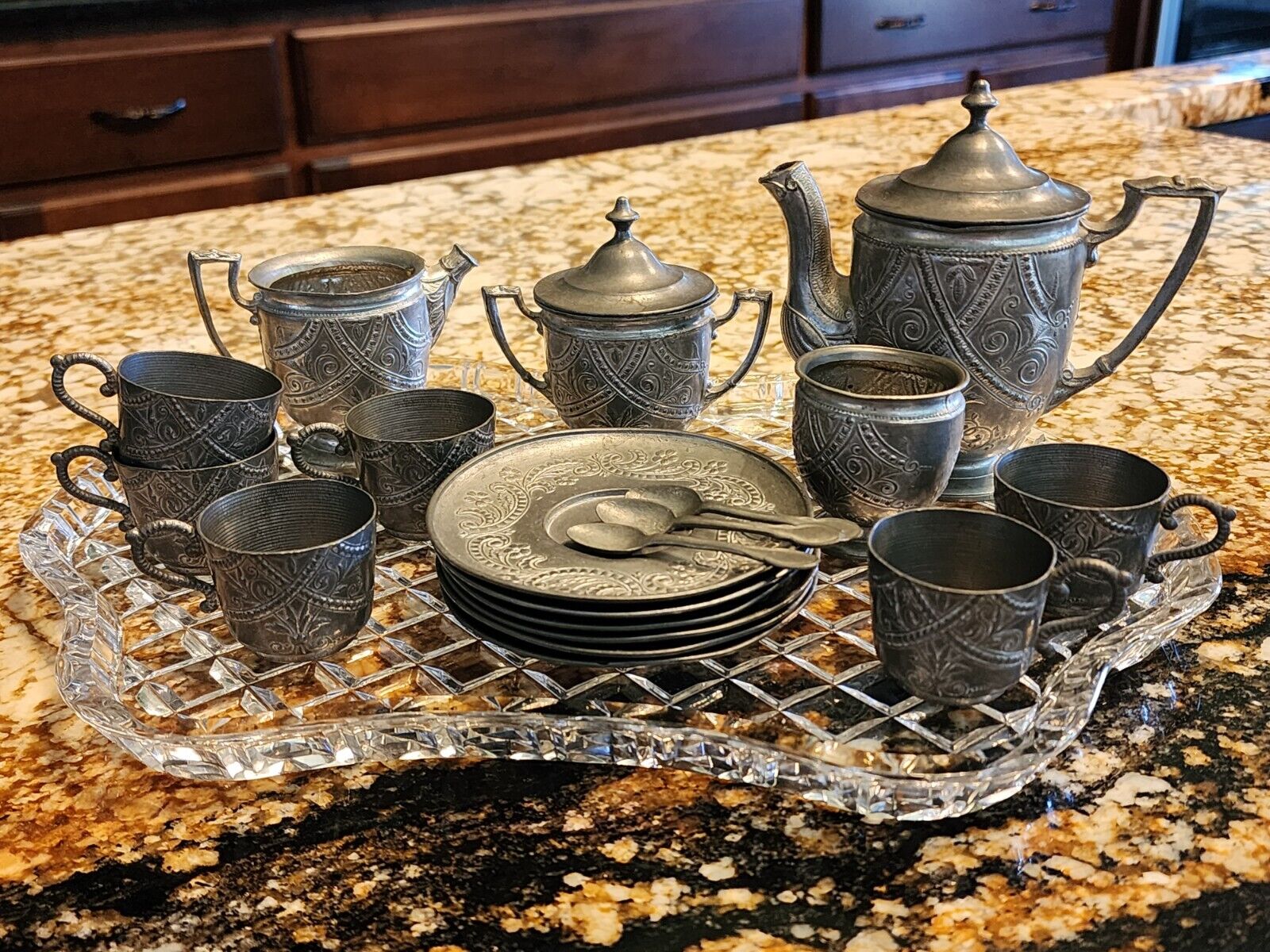 Victorian Miniature Pewter Tea Set for Children