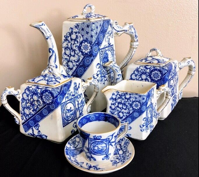 Rare Antique Ridgeway "DADO" Blue & White Tea Set