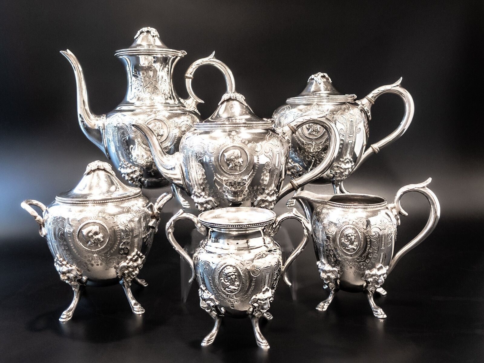 Medallion Portrait Antique Silverplate Tea Set