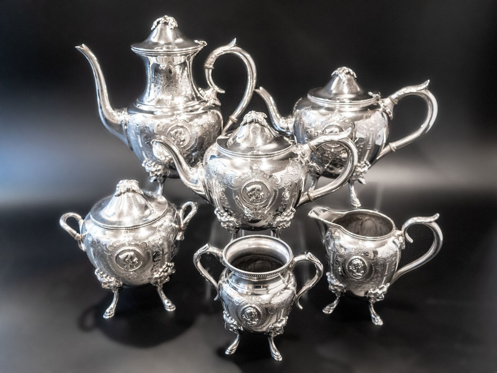 Medallion Portrait Antique Silverplate Tea Set