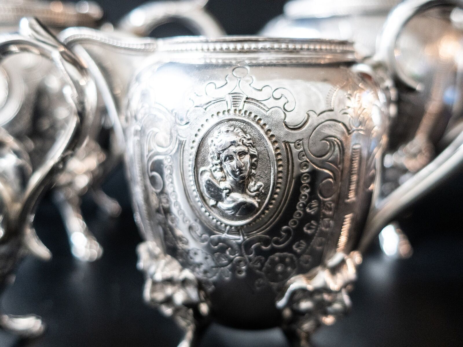 Medallion Portrait Antique Silverplate Tea Set