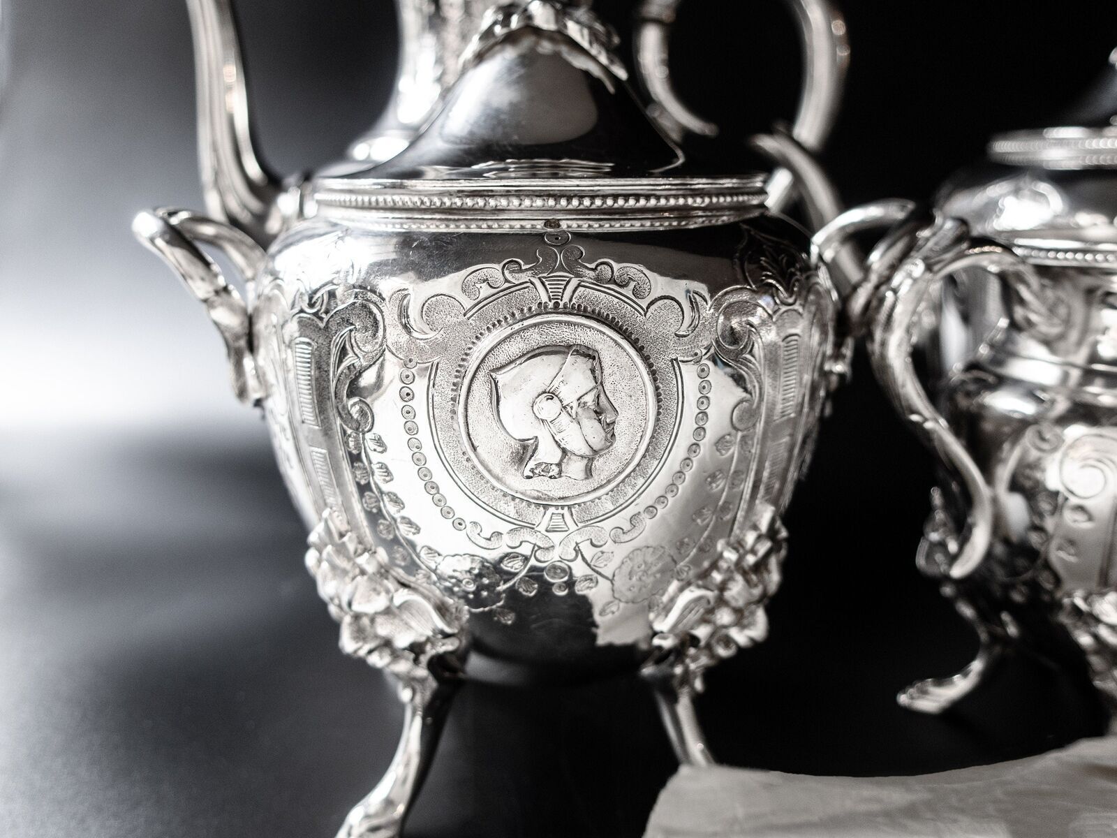 Medallion Portrait Antique Silverplate Tea Set