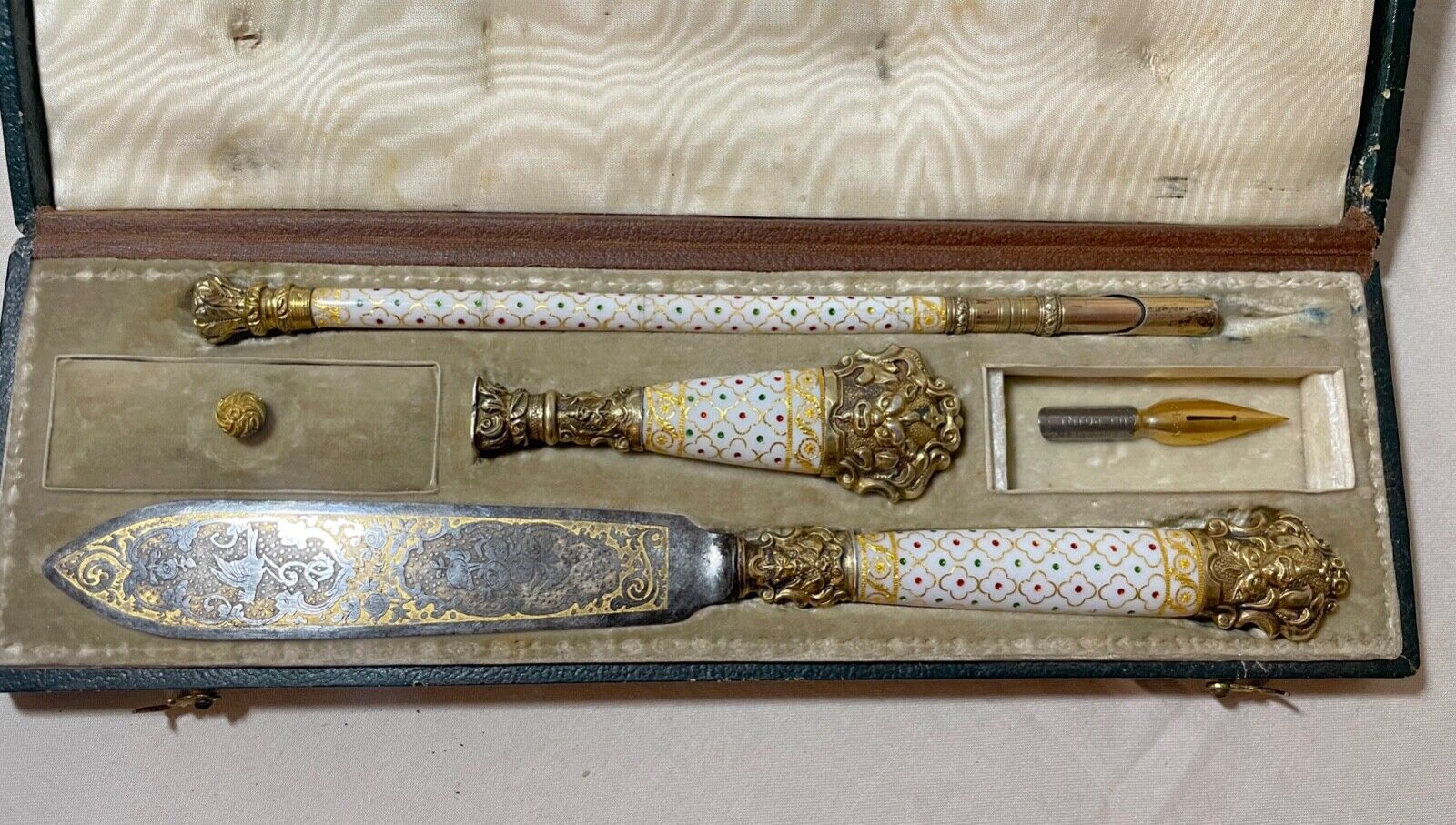 1800s French Sterling Silver Gilt Enamel Writing Set