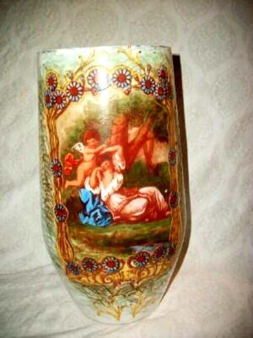 1900s French Opaline Lady Cherub Milk Glass Vase