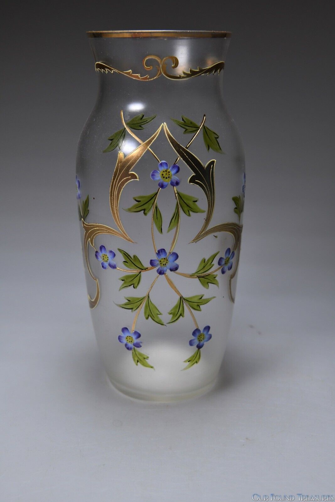 1900s Floral Enameled Blown Glass Vase 9”