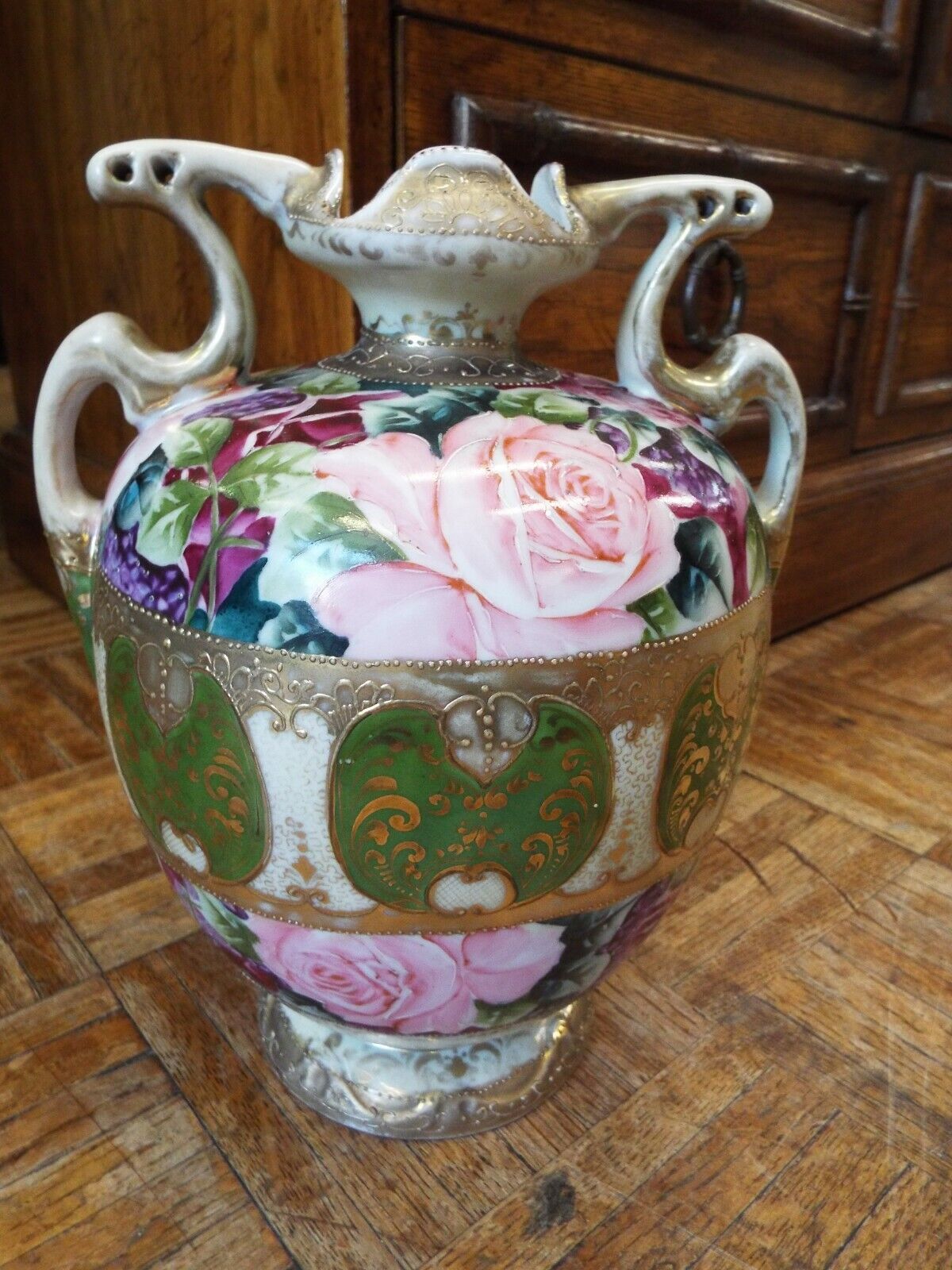 Large Antique Nippon Gold Jeweled Roses Vase